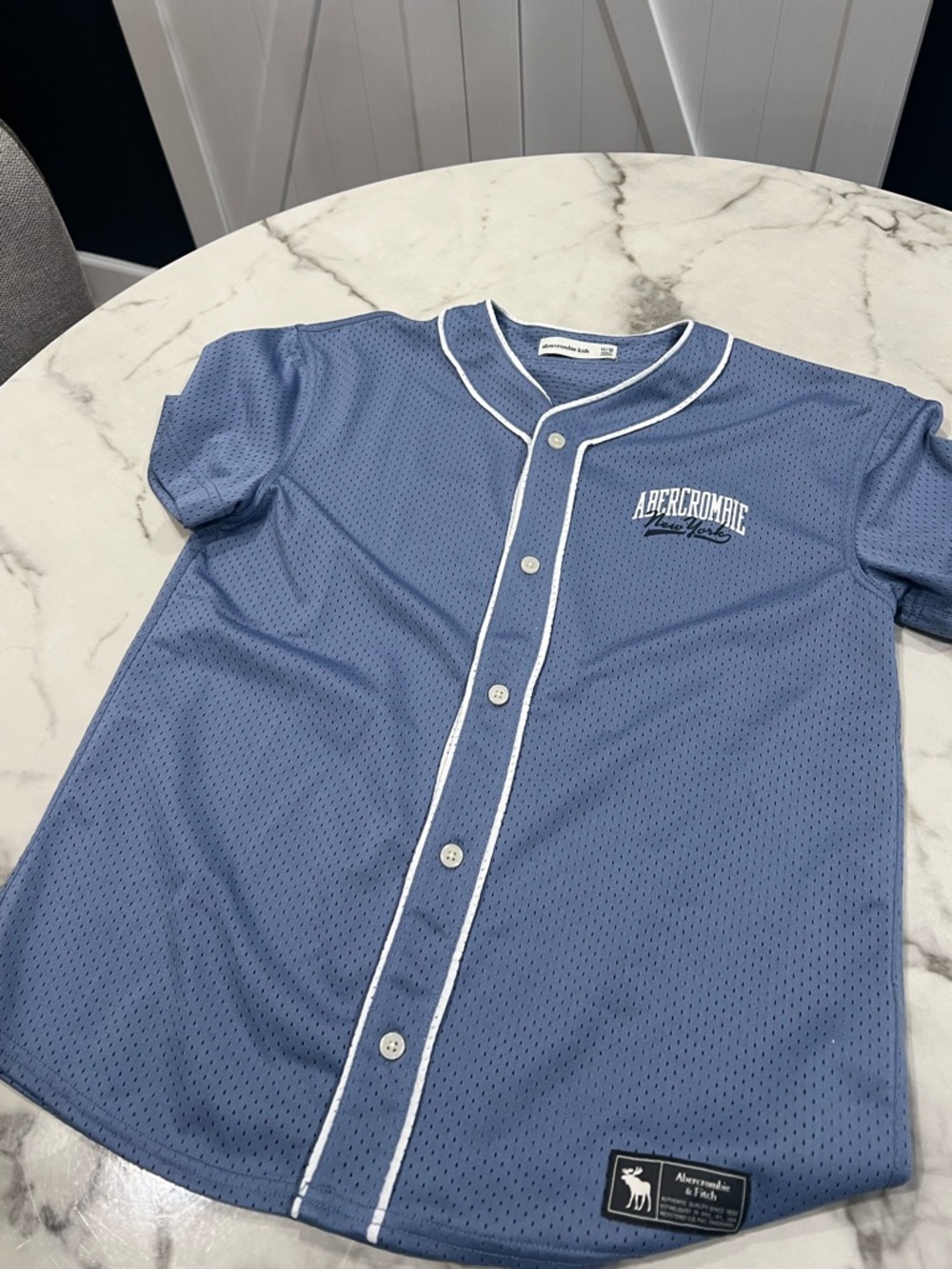 Abercrombie & Fitch Blue Mesh Button-Up Jersey with White Piping